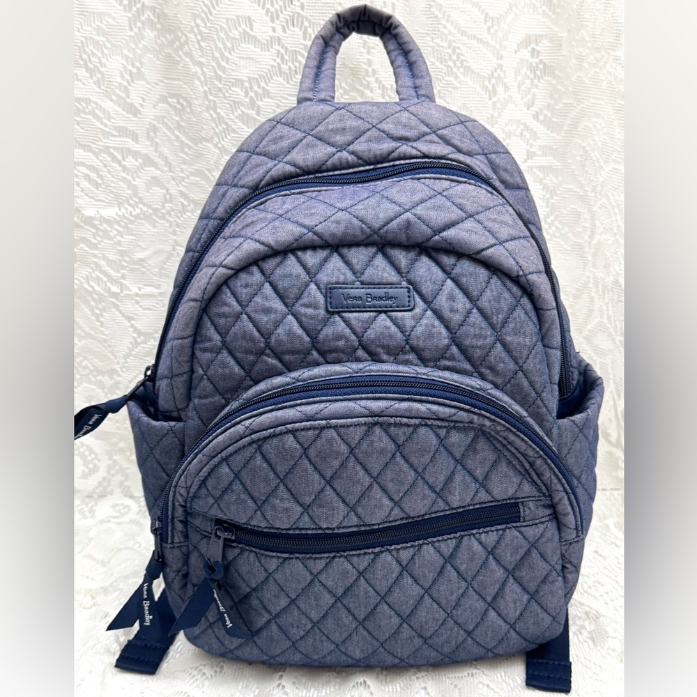 VERA BRADLEY Small Essential Compact Backpack Quilted Denim Moonlight Navy